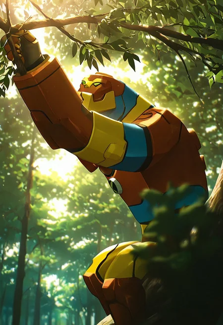 masterpiece, best quality, amazing quality, very aesthetic, absurdres, newest,, detailed background, 
 movie scene, cinematic scene, cinematic, foreground blur, depth of field, 
bloxx, robot, mecha, solo, armor, green eyes,, massive arms, upper body, , big head, massive head, short legs, 
climbing tree, on tree, holding branches, tree, forest,