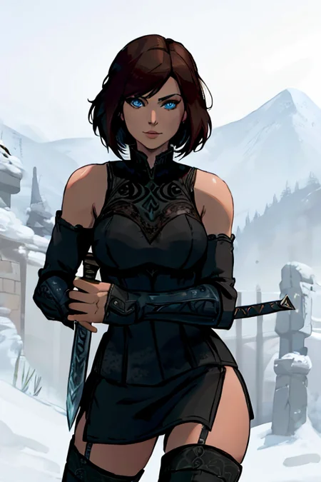 holding (sword:1.2), <lora:4mal3a:1> woman with the same face as 4mal3a preparing for battle with a sword, blue eyes, <lora:Skyrim-DX-Celes-Nightingale-Outfit v2:0.8> skyrim-dx-celes-nightingale-outfit,fingerless gloves, bare shoulders, thighhighs, thigh boots
