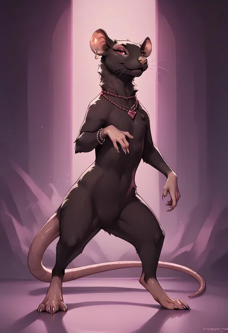 score_9, score_8_up, score_7_up, score_6_up, score_5_up, score_4_up, 
feral, rat
(solo), full body shot, rat feral, feral, rat, female rat, female feral, (nightclub:1,4), dance floor, seductive expression, looking at viewer, no dress, standing on back legs, sexy dance, sexy pose, arched back, jewelry, garnet necklace, detailed fur, 3/4 side view