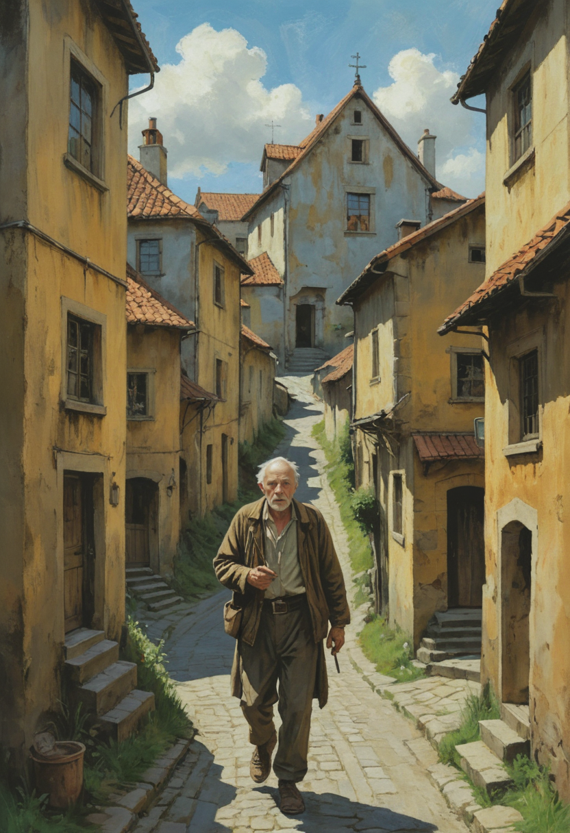 (((With newfound purpose, you set forth on your quest to rescue the missing girl. The old man leads you through the winding streets of the village, pointing out various landmarks and shortcuts along the way. As you walk, you can't shake the feeling that you are being watched, as though unseen eyes follow your every move. The air grows heavier with each passing minute, the weight of the unknown bearing down upon you like a physical force.))), ((Beautiful painting, brush strokes, digital art, extremely detailed illustration, cinematic, vast, epic, incredible perspective, breathtaking, awe-inspiring))