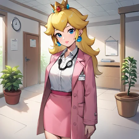 score_9, score_8_up, score_7_up,score_5_up, score_4_up (Source anime), (rating safe), <lora:PrincessPeachXL:0.7>, 1girl, solo, princess peach with a pencil standing, wearing a doctors uniform, long pink skirt, stethoscope, looking at viewer, indoors, blue eyes, earrings, clinic, potted plant, pink coat,