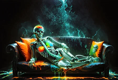 score_9, score_8_up, score_7_up, zPDXL2, g0thicPXL, 1girl,
couch, modeling, xray, fluorescent skeleton, fluorescent bones, dark aura. colorful, black background