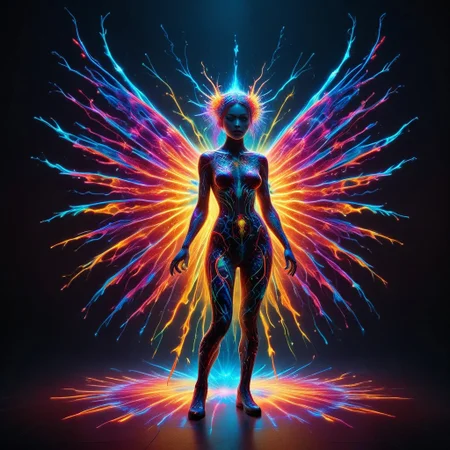 a full body fire entity whit multicolored flames, professional photography of an fantastical warrior fairy princess entirely made of cyberflies with whimsical elements, swirling magic, eerie fairytale landscape, elaborate fantasy style art, very colorful, intricate details, ultra sharp, exquisite detail, flawless composition, vivid colors, masterpiece, exciting background, TAS, TASvisuals, Psychedelic , Rave, Elaborate , Blacklight , Vibrant , cyberflies, black light paint, blp, Colorful Chaos Cracks and Drops, mad-glowtiedye, made out of,colorful,liquid,Murano Art Glass