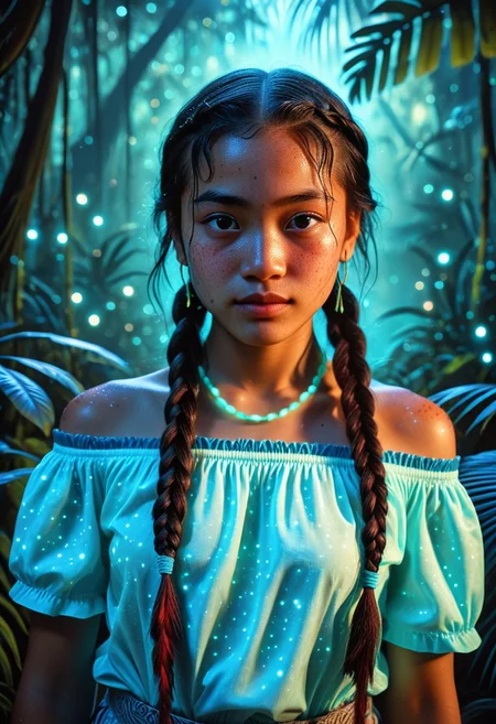score_9, score_8_up, score_7_up, score_6_up, score_5_up, score_4_up, 1girl, blushing profusely red, 1girl,mysterious girl with freckles,an exotic Polinesian girl in off-shoulder shirt, Hairs in two braids, fading backlit background,pastel colors,surreal, detailed, bokeh, perfect balanced, deep fine borders,artistic photorealism, smooth, whole body view, bioluminescent jungle background, temple, (bioluminescent clothing)