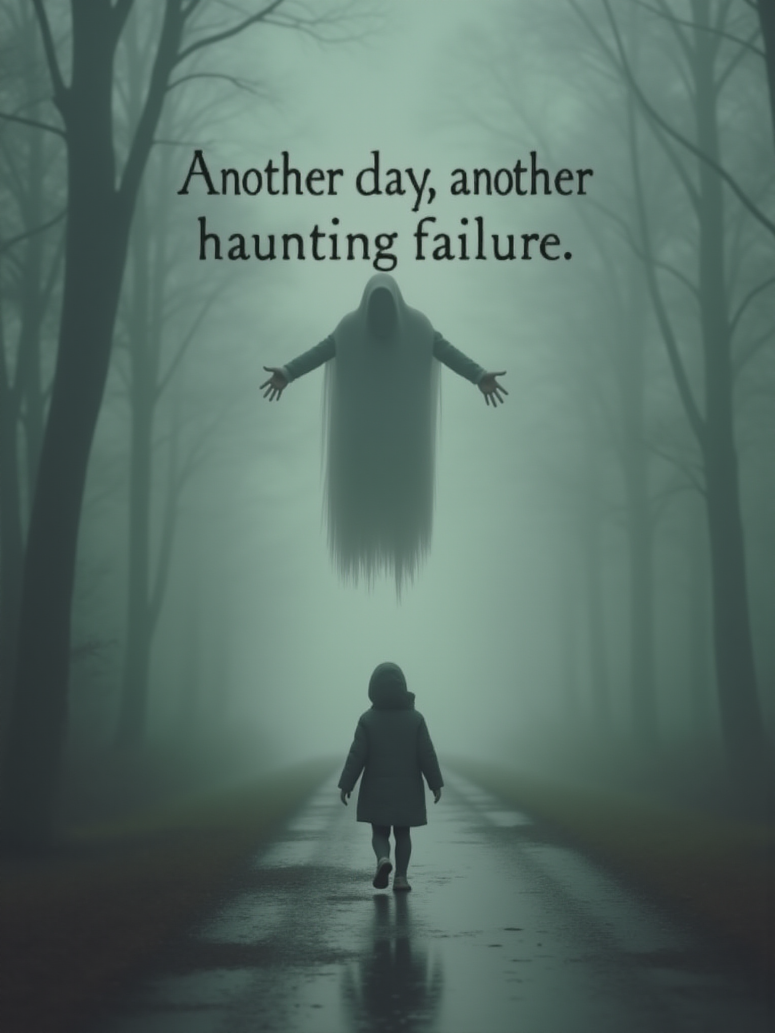 (the words "Another day, another haunting failure" in pale gray at the middle:2.0), a ghost sadly floating away from a scared person, text focus, <lora:Text_Logo_-_Style:1>
