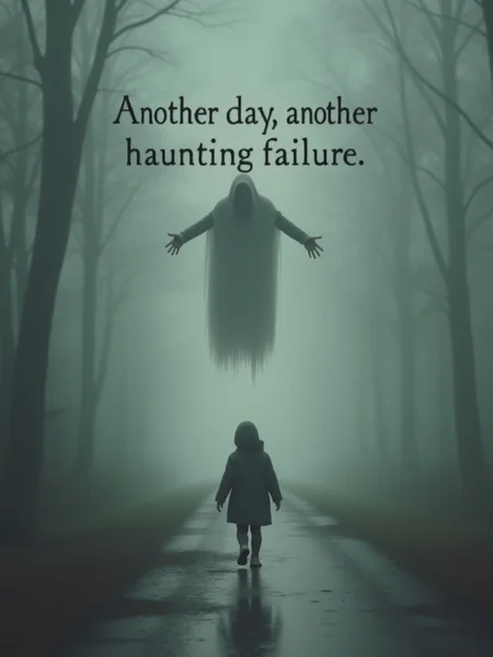 (the words "Another day, another haunting failure" in pale gray at the middle:2.0), a ghost sadly floating away from a scared person, text focus, <lora:Text_Logo_-_Style:1>