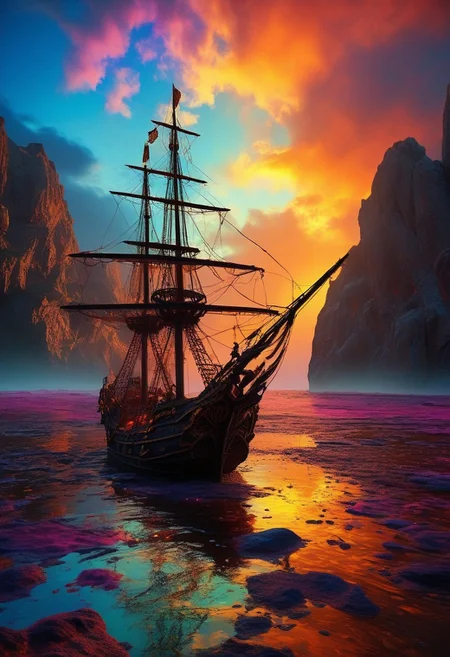 (sailing on vast expansive completely viscous liquid dreamscape gooey organic surface material with gleaming:1.28) sap, (pitch black dark midnight:1.2), miniature (immense scale magnificent ancient tattered pirate ship flying at world's edge:1.4), (multicolor vibrant RGB spectrum blended mixing:1.2), (lava:0.4) (lamp, swirling amorphous liquid rising bubbling into sky hovering floating, bioluminescent glowing:1.26) particles, (sloshing backwash), non-newtonian (fluid:1.24), (prismatic color grading), 4k, highres, best quality, dramatic, cinematic, epic, (concept art, digital art, realistic, professional masterpiece, dynamic, (curvilinear perspective), tilt shift, iris blur, bokeh, sharp clarity:1.2), zavy-flrscnc, fine intricate details, interior lit, great lighting, dappled soft lighting, volumetric lighting, detailed highlights, rim lighting