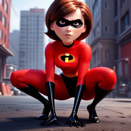 score_9, score_8_up, score_7_up, score_6_up, score_5_up, score_4_up, rating_questionable, 1girl, Hel_enParr, crouching, superhero, eye mask, big hips