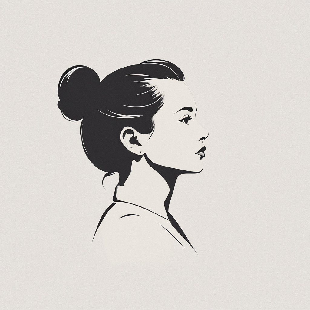 Minimalist Vector Art, ArsMJStyle, A black and white illustration of a woman's face in profile, with her hair pulled back into a sleek bun. The background is plain white, emphasizing the clean lines of her features. The mood is sophisticated and timeless. woman, profile, silhouette, monochrome, greyscale, simple background, white background, face, bun.  <lora:Minimalist_vector_artSDXL:1>