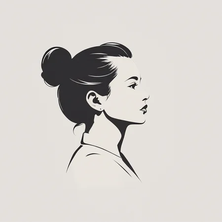 Minimalist Vector Art, ArsMJStyle, A black and white illustration of a woman's face in profile, with her hair pulled back into a sleek bun. The background is plain white, emphasizing the clean lines of her features. The mood is sophisticated and timeless. woman, profile, silhouette, monochrome, greyscale, simple background, white background, face, bun. <lora:Minimalist_vector_artSDXL:1>