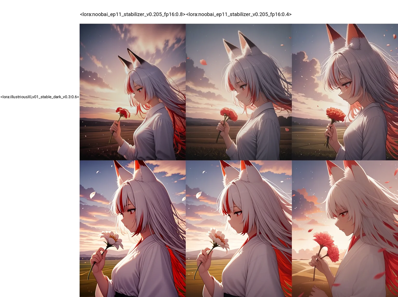 <lora:noobai_ep11_stabilizer_v0.205_fp16:0.8><lora:style_strength_controller_nbep11_v1:0.2><lora:illustriousXLv01_stable_dark_v0.3:0.6>1girl,fox ears,red eyes,white hair,red hair,closed mouth,multicolored hair,upper body,from side,light particles,falling petals,ambient light,sunset,looking down,cloud,holding flower,hand up,depth of field,wind,land,