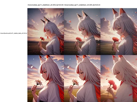 <lora:noobai_ep11_stabilizer_v0.205_fp16:0.8><lora:style_strength_controller_nbep11_v1:0.2><lora:illustriousXLv01_stable_dark_v0.3:0.6>1girl,fox ears,red eyes,white hair,red hair,closed mouth,multicolored hair,upper body,from side,light particles,falling petals,ambient light,sunset,looking down,cloud,holding flower,hand up,depth of field,wind,land,