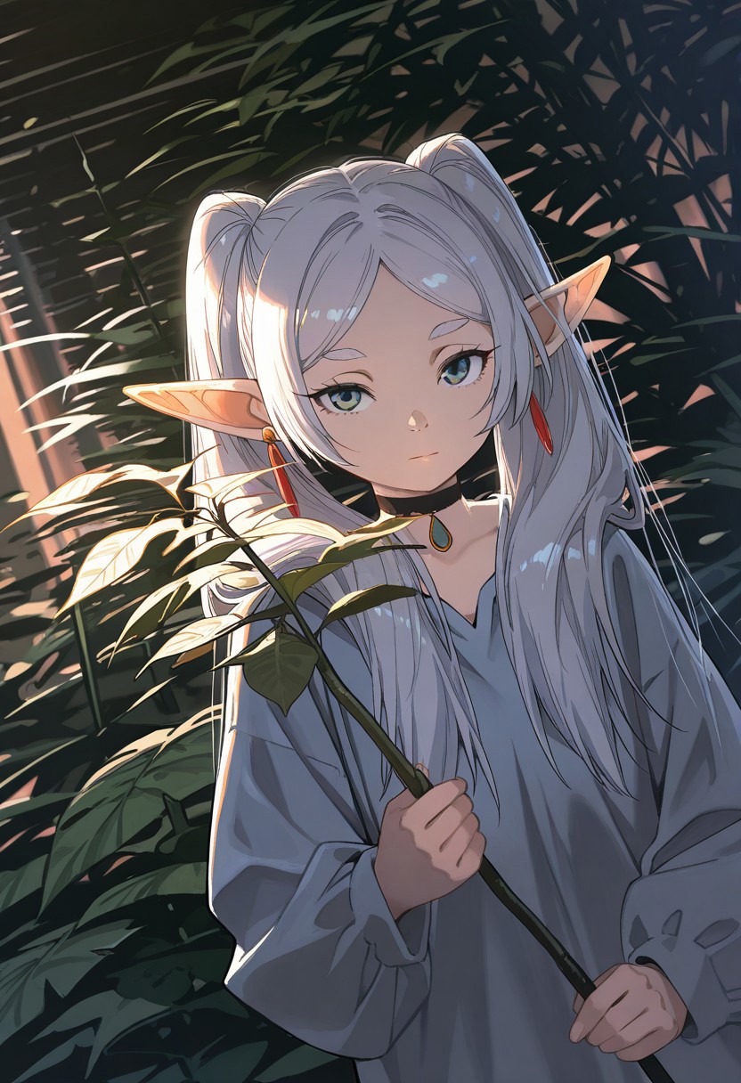 WALLPPR_ST, masterpiece, best quality, very aesthetic, high resolution, ultra-detailed, absurdres, newest, detailed eyes, beautiful, perfect lighting, hi res, amazing quality, very awa, painting_(artwork), dynamic angle, dynamic pose, WALLPPR_ST, detailed background, 1girl, looking at viewer, leaf, bangs, white hair, detailed eyes, long sleeves, closed mouth, long hair, holding, shirt, plant, twintails, choker, frieren