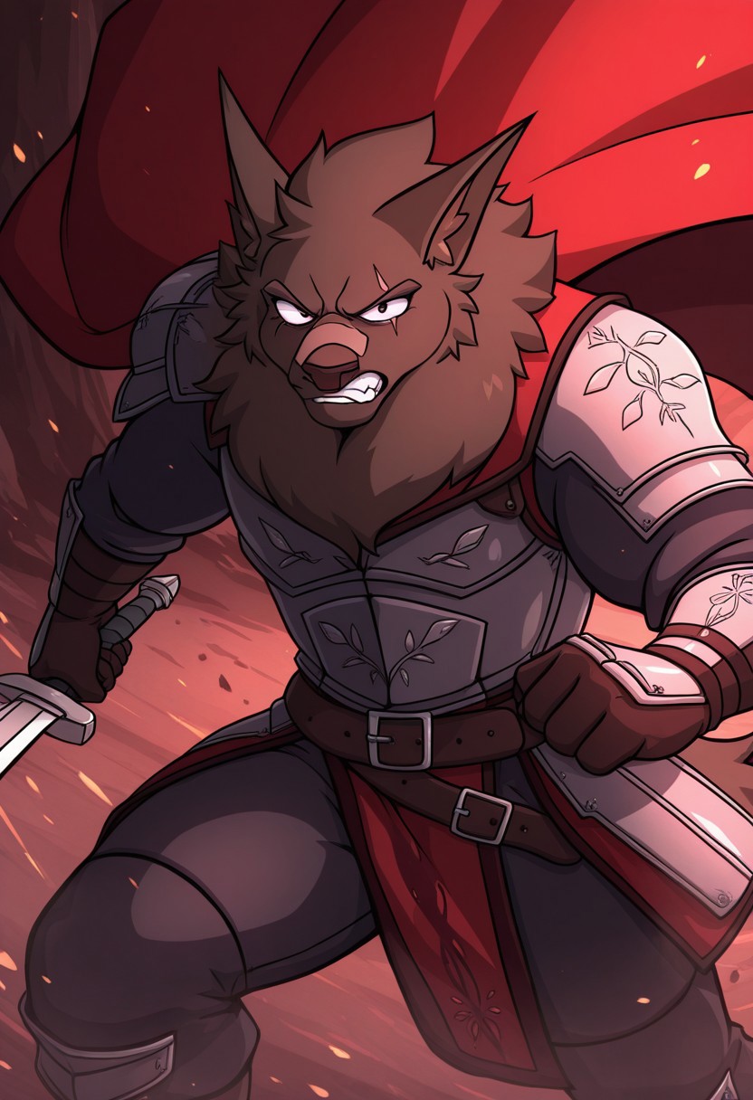 <lora:Lyall_ILXL:1>, solo, lyall, furry, scar across eye, looking at viewer, muscular, dark eyes, armor, gloves cape, belt, BREAK masterpiece, best quality, amazing quality, very aesthetic, high resolution, absurdres, detailed background, detailed eyes, beautiful, scenery, clenched teeth, angry, separate focus, 4K, detailed fur, detailed muscles, dramatic lighting, sword, lunging forward, attacking, action pose, aggressive, motion blur, intense gaze