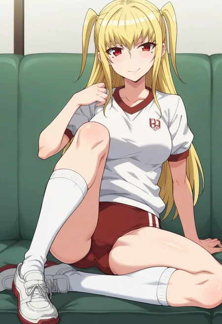 score_9, score_8_up, score_7_up, score_6_up, score_5_up, score_4_up , anime coloring ,BREAK source_anime, anime,
mariyah, red eyes, long hair, blonde hair, two side up, mole, mole under eye, otoko no ko, gym uniform, buruma, red buruma, socks, kneehighs, white socks, white shoes, <lora:PonyXL MariyaS V1:1>
looking at viewer, smile,
