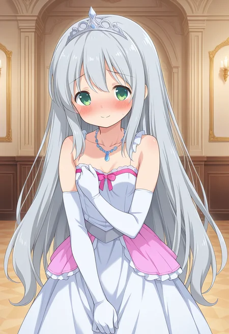 1girl, solo, lalaciellalanciel, grey hair, very long hair,, hair down, green eyes, white gloves, elbow gloves, white dress, sleeveless, bare shoulders, collarbone, silver tiara, necklace, princess outfit, indoors, ballroom, standing, shy, blush, smile, looking at viewer, cowboy shot,