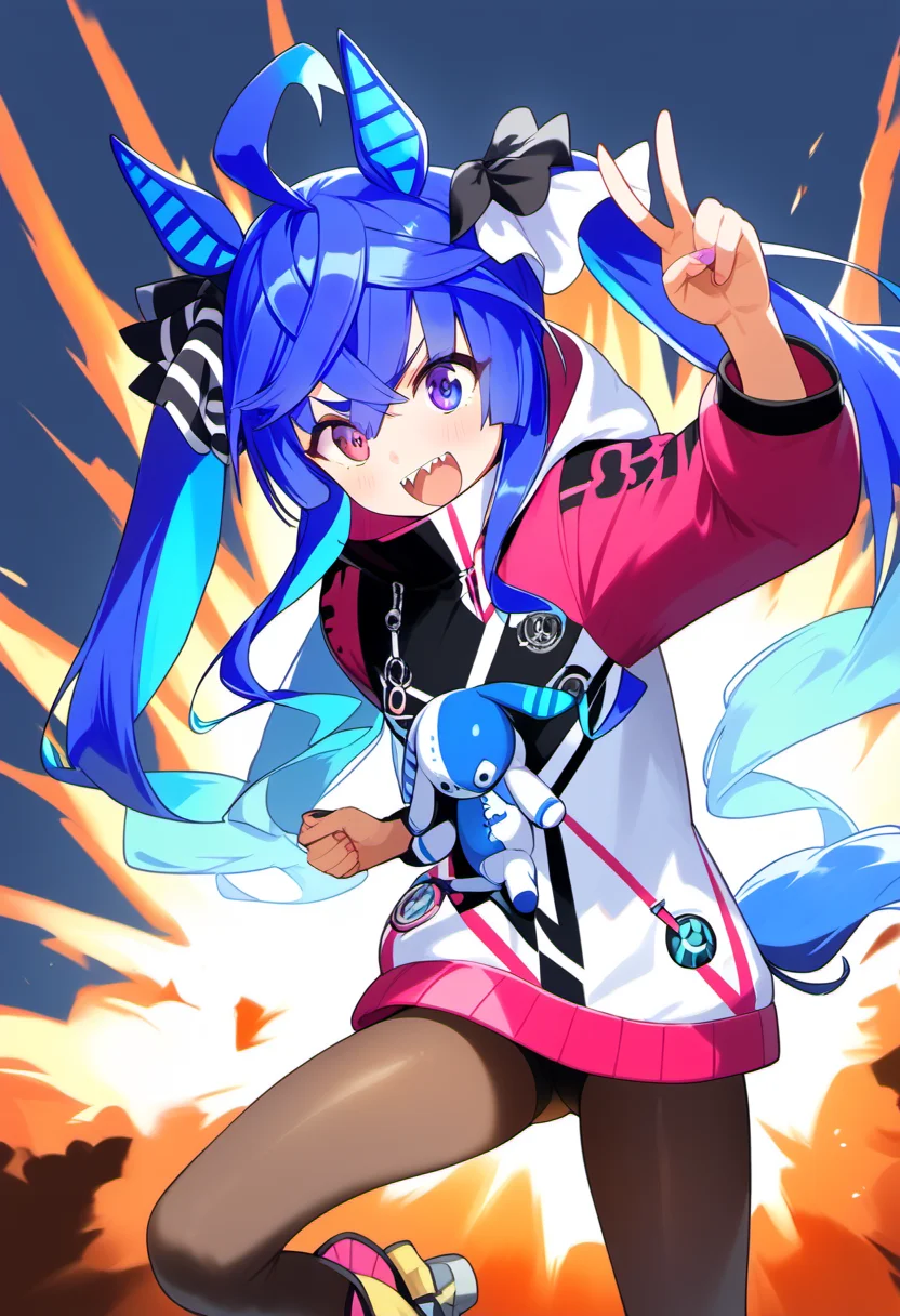 <lora:pony_turbo:1> , score 9, score 8 up, score 7 up, source anime,1girl, twin turbo \(umamusume\), turboPP ,explosion background, v, five_fingers,