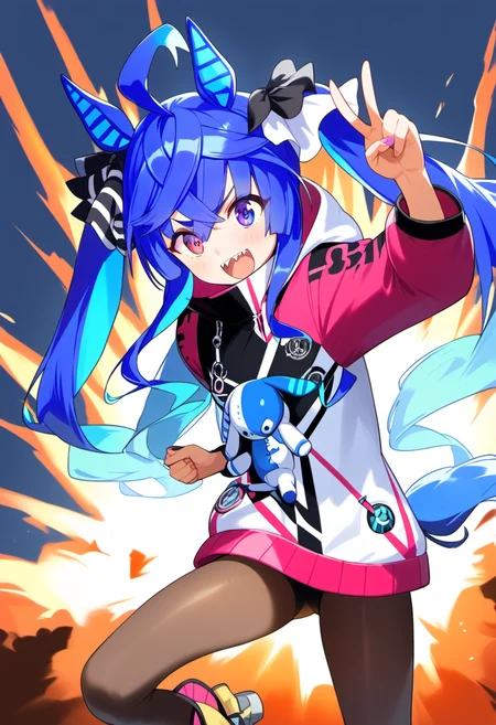 <lora:pony_turbo:1> , score 9, score 8 up, score 7 up, source anime,1girl, twin turbo \(umamusume\), turboPP ,explosion background, v, five_fingers,
