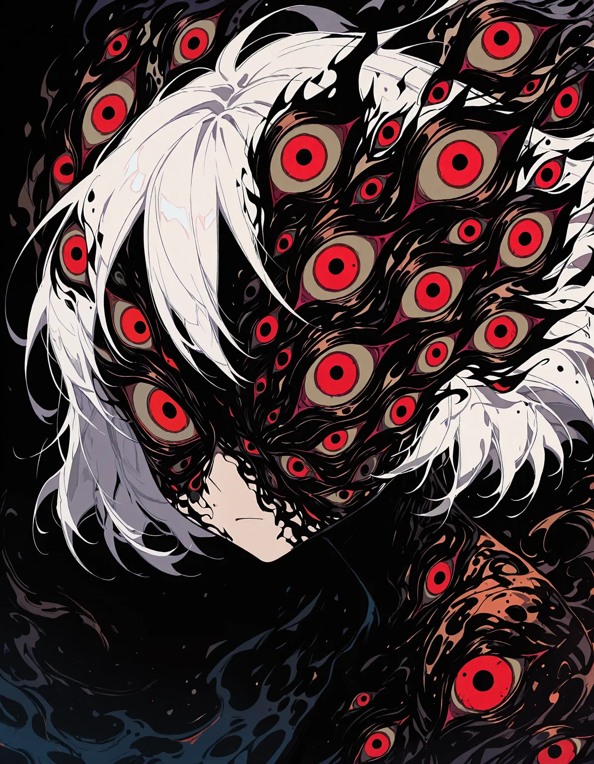 masterpiece, newest, incredibly absurdres, highres, <lora:3Y3S_style:1>,3Y3S_illu,toon \(style\), monochrome, 1girl, solo, red eyes, black background, white hair, simple background, looking at viewer, portrait,abstract, extra eyes,