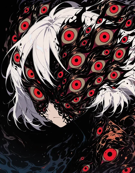 masterpiece, newest, incredibly absurdres, highres, <lora:3Y3S_style:1>,3Y3S_illu,toon \(style\), monochrome, 1girl, solo, red eyes, black background, white hair, simple background, looking at viewer, portrait,abstract, extra eyes,