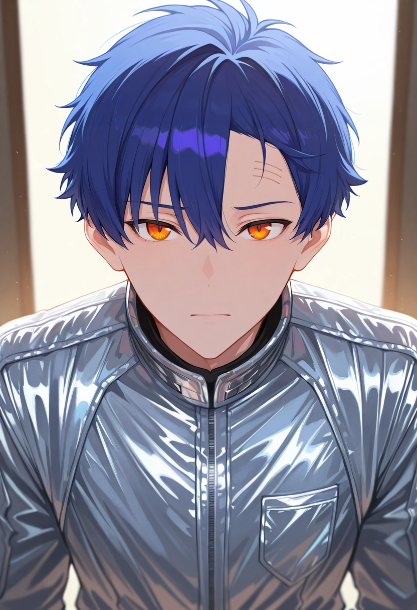 masterpiece, best quality, , (realistic:0.6), looking at viewer, 1boy, solo, male focus, <lora:yomogi_asanaka_ilxl:0.9>, yomogi_asanaka, blue hair, orange eyes, short hair, bangs, hair between eyes, , , tapping forehead, eyes closed, stressed expression, contemplative pose, soft lighting, Silver Herringbone Jumpsuit, Chenille Ruby Patchwork Thermal Henley shirt, , ,
