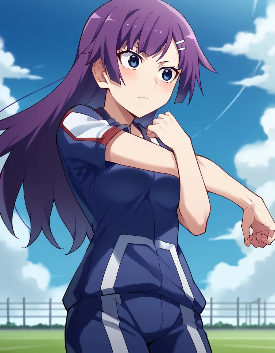 score_9, score_8_up, score_7_up, source_anime, hitagisenjougahara, <lora:hitagi-senjougahara-anime-ponyxl-lora-nochekaiser:1>, senjougahara hitagi, bangs, long hair, blue eyes, purple hair, medium breasts,, <lora:ua-gym-uniform-ponyxl-lora-nochekaiser:1> ua gym uniform, u.a. gym uniform, blue track suit, blue pants, blue shirt, short sleeves,, blush, track and field, <lora:cross-body-stretch-ponyxl-lora-nochekaiser:1> cross-body stretch, stretching, arm across chest, exercising,, cowboy shot,