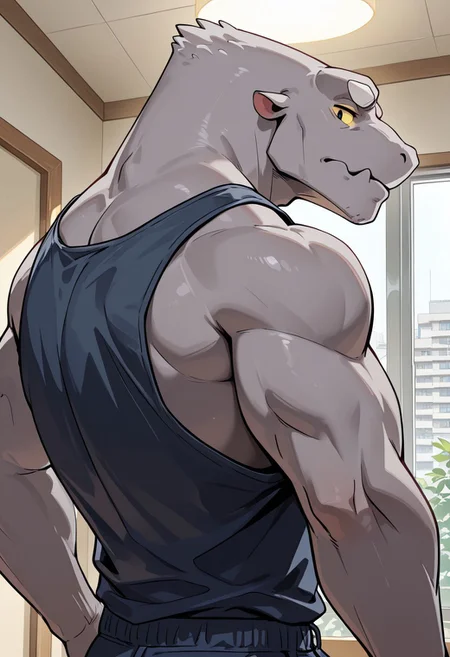 masterpiece, best quality, amazing quality, very aesthetic, absurdres, newest, high quality, detailed, male, solo male, Leeds, 1boy, mature male, male, athletic build, anthro, monster, grey skin, white eyebrows, animal ears, black eyes, yellow sclera, broad shoulders, tank top, indoors, apartment, looking at viewer, standing, close up, bust shot, focus on face, profile picture, bust focus