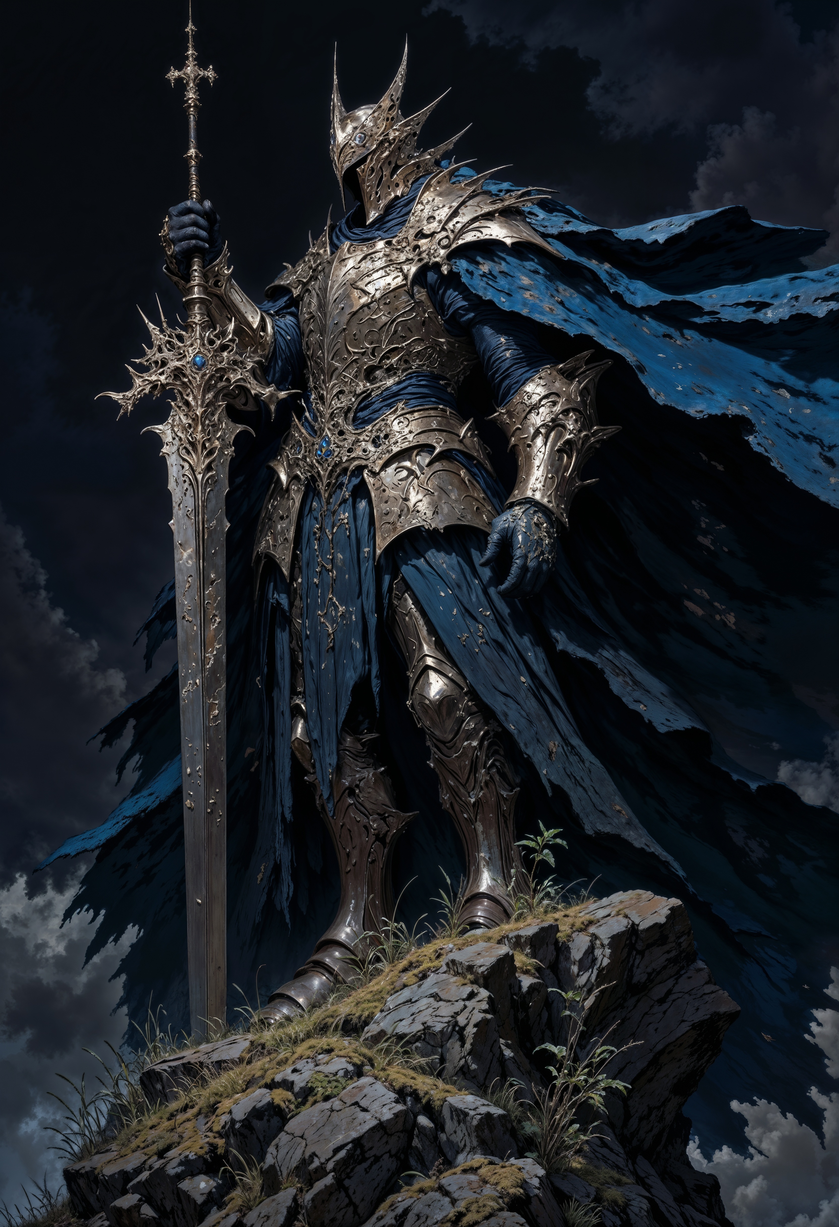 a fantasy knight standing on a rocky outcrop. The knight is clad in intricately detailed, silver armor with a dark blue, tattered cape flowing dramatically in the wind. The armor features sharp, angular designs, and the helmet is adorned with a crown-like structure. The knight holds a massive, ornate sword with a broad blade and an elaborate hilt, resting its tip on the ground. The background is a dark, stormy sky, enhancing the dramatic and heroic atmosphere. Small plants and grass are visible at the base of the rock, adding a touch of nature to the scene. The overall composition is dynamic, with a focus on the imposing figure of the knight, emphasizing strength and valor. <lora:FLUX-daubrez-DB4RZ-v2:0.5> <lora:FluxMythP0rtr4itStyle:0.7> <lora:Elden_Ring_-_Yoshitaka_Amano:0.7> <lora:flux.1_lora_flyway_Epic-detail_v2:0.65> <lora:DarkCore:0.7>