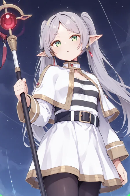 1girl,looking at viewer,facing viewer, front viewer,<lora:enotesv2:0.8> <lora:SousouNoFrieren_Frieren_IlluXL:1> FrierenCasual,grey hair, long hair, green eyes, twintails, parted bangs, earrings, pointy ears,small breasts,flat, striped shirt, white capelet, black belt, white skirt, long sleeves, black pantyhose,holding staff, breasts,digital illustration,1girl, masterpiece, best quality,highres,