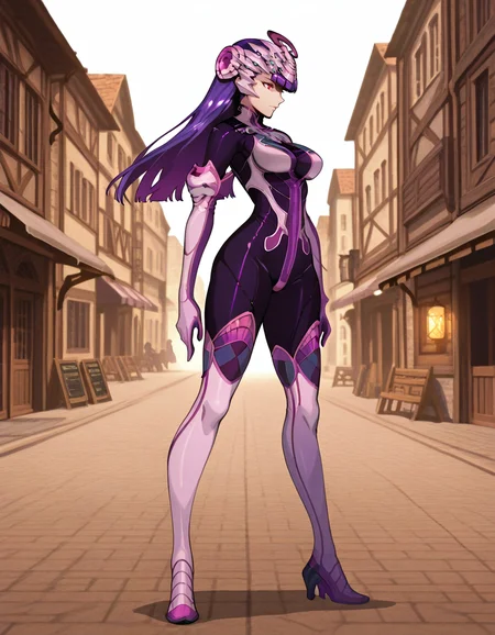 Masterpiece, hires, detailed face and eyes, ultra quality, cel-shaded, sharp lines, dry shading, Beautiful background, far west, houses, street city, <lora:Wild_Arms_5_Persephone:1> 1girl, persephone, solo, wa5, bodysuit, long hair, purple hair, red eyes, headdress, android, full body, side view