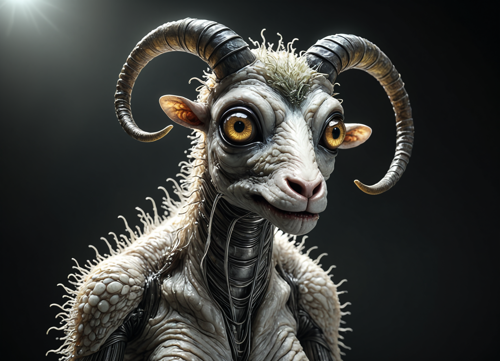 robot with a metal Dall's Sheep mask, realistically scary eyes, wires creating a long neck, body covered in Slick Skin, sharp metal Tentacle, in a dark room; realistic, in 4k, horrifying, and nightmare fuel. <lora:TheWeirdies:0.75> TheWeirdies, animal focus <lora:add-detail-xl:1>  , subsurface scattering, Photorealistic, Hyperrealistic, analog style, realistic, film photography, soft lighting, heavy shadow