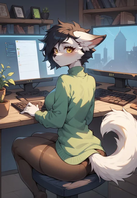 safe_pos, masterpiece, score_9_up, score_8_up, score_7_up, score_6_up, score_5_up, (best quality:1.1), ultra-detailed, high resolution, 1dog girl, Zoya, anthro dog, white fur, fluffy ears, black ear tips, fluff ears, fluffy tail, black hair, yellow eyes, long eyelashes, breast, thick thighs, bottom heavy, black leggings, green sweater BREAK low light, c0mp, sitting, indoors, chair, computer, (1monitor), desk, from behind, (1keyboard), (computer), staring at computer screen, yelow room, Highly Visible, sharp focus, perfect lighting, anatomically correct, extremely detailed, high detail, Expressiveh, detailed background, OverallDetail, zPDXL3