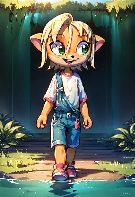 <lora:Paige_v2_r1:0.8>,
score_9,score_8_up,score_7_up,paige,
1girl,solo,furry,child,kid,
coco bandicoot cosplay, green fur, coco bandicoot, overalls, white shirt,jungles, jungle,
walking, looking away, happy, child, kid,