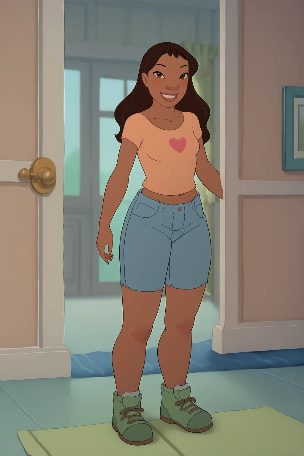score_9, score_8_up, score_7_up, score_6_up, source_anime, BREAK, NaniPelekaiLSXL, mature female, dark skin, brown eyes, brown hair, long hair, bangs, small breasts, collarbone, orange midriff, short slevees, single heart print, denim shorts, green shoes, solo, full body, standing, seductive smile, looking at viewer, indoors <lora:NaniPelekaiLSXL:1>