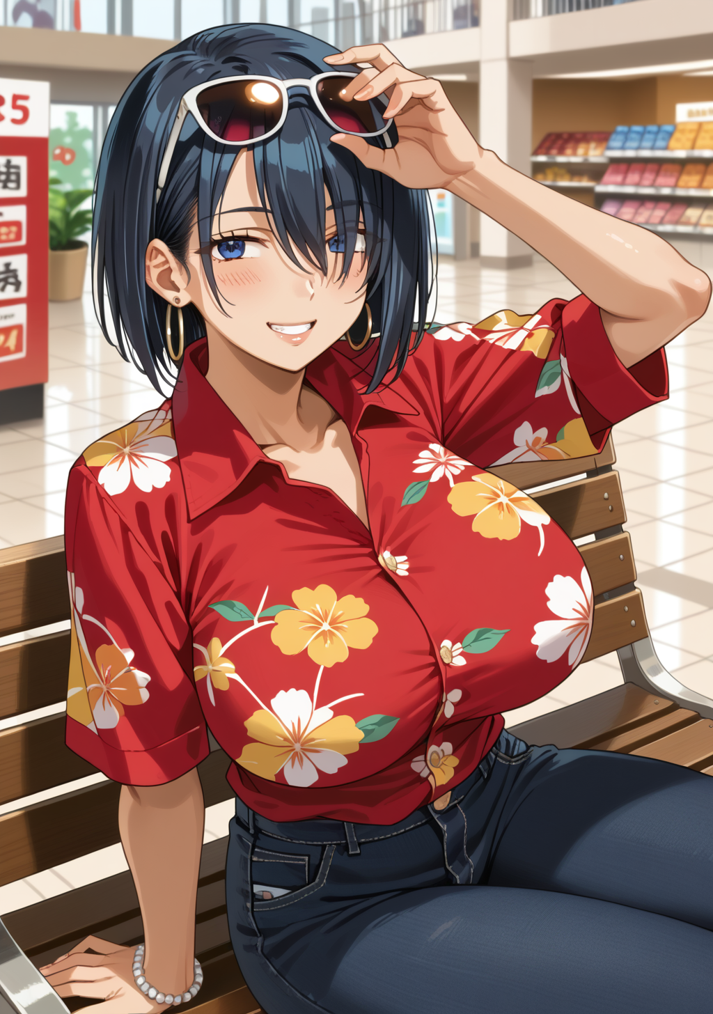 score_9, score_8_up, score_7_up, source_anime,high detail, detailed face,1girl,nakatsu,huge breasts,mature female,short hair,hair between eyes, bangs,hair over one eye,black hair,blue hair,blue eyes,<lora:nakatsu_v2:0.9>,depth of field,(aloha shirt:1.2),hawaiian shirt,cutoffs,sunglasses on head,hoop earrings,jewelry,BREAK shopping mall, looking at you,cowboy shot,smile,happy,sitting,sandals,bench