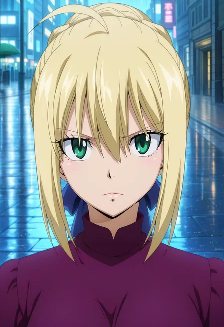 masterpiece, best quality, anime screencap, anime coloring, official style, intricate details, looking at viewer, 1girl, saber \(fate\), blonde hair, green eyes, ahoge, hair between eyes, hair bun, hair bow, solo, city street, rainy sidewalk, under umbrella, reflective expression, moody light, <lora:fairy_tail_style_ilxl:1>, fairy_tail_style,