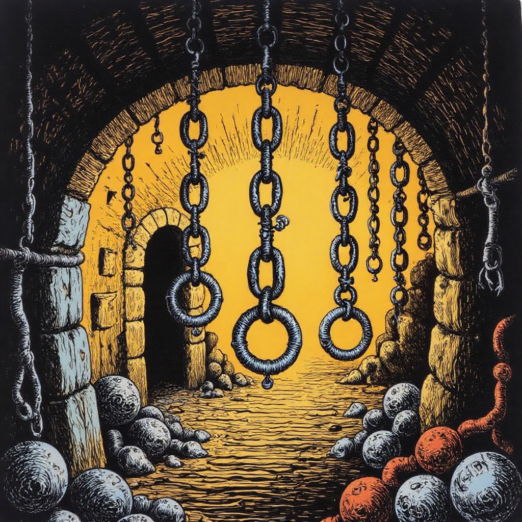 a bright illustration of  chains hanging from the ceiling of a dungeon, in the style of r0b3rt_crum8
