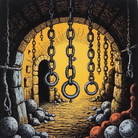 a bright illustration of chains hanging from the ceiling of a dungeon, in the style of r0b3rt_crum8