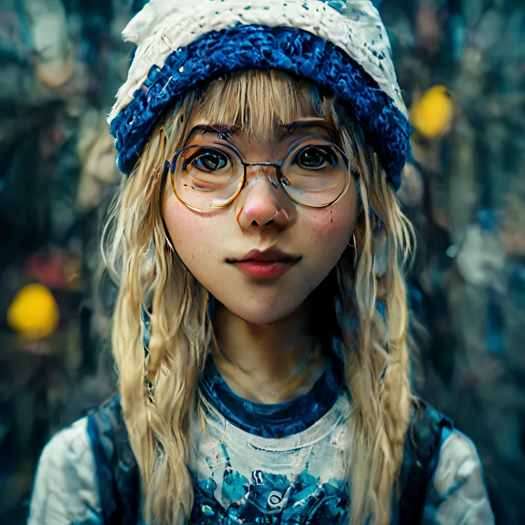 A blonde girl wearing glasses a t shirt and a blue beanie, in the style of anime art, blue and white,xiaofei yue, chromepunk, ferrania p30, social media portraiture <lora:oldMJstyle_v1_SDXL:1> by oldmjstyle
