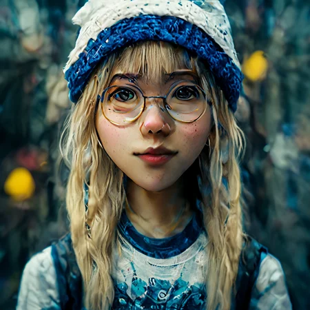 A blonde girl wearing glasses a t shirt and a blue beanie, in the style of anime art, blue and white,xiaofei yue, chromepunk, ferrania p30, social media portraiture <lora:oldMJstyle_v1_SDXL:1> by oldmjstyle