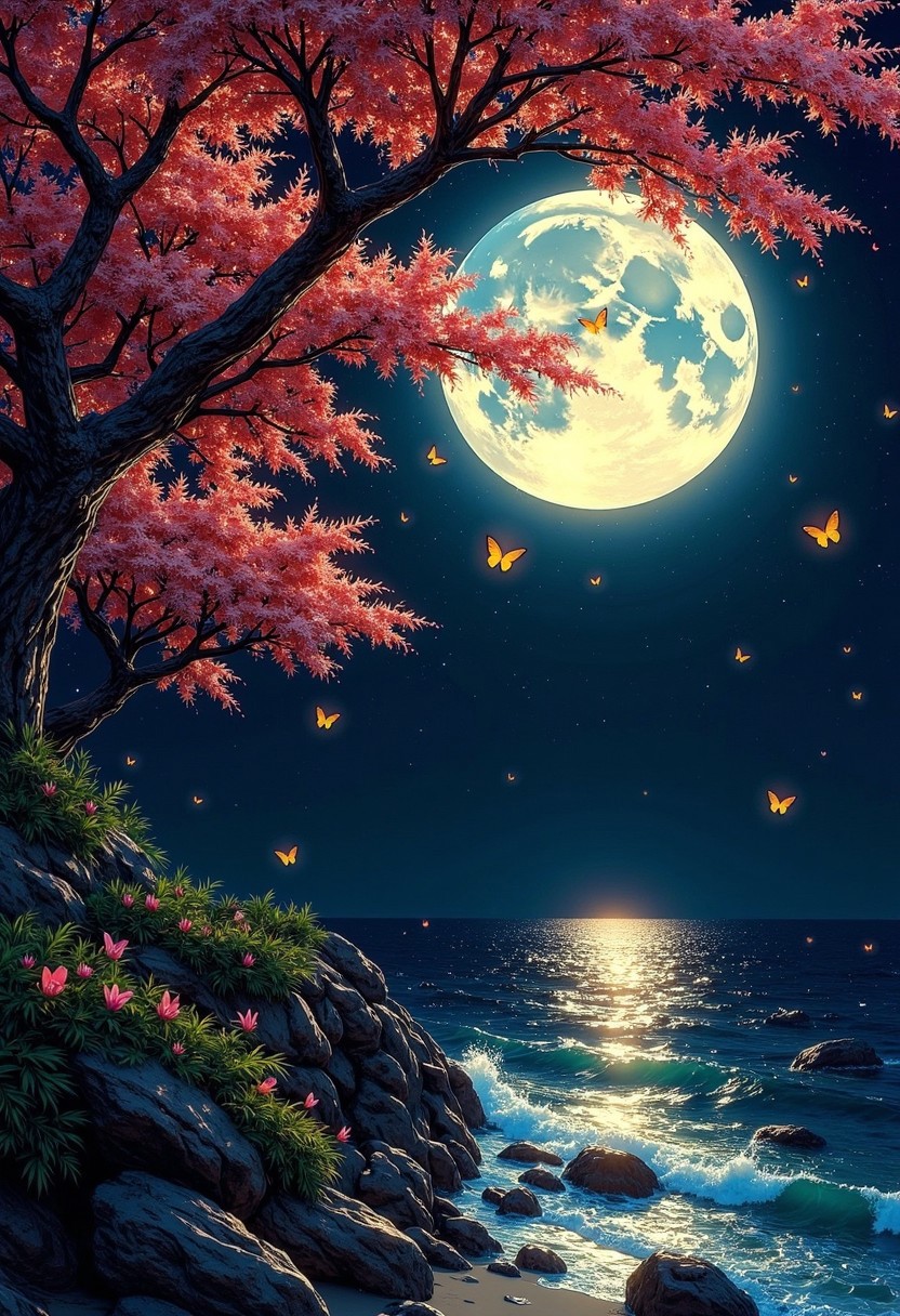 (neon glow), shadows,, inked landscape, calligraphy, inkstyle, butterflies swirling around, yellow glow butterflies, volumetric lighting, night time, sea, moonlight black background, cherry blossom trees, detail color black ink