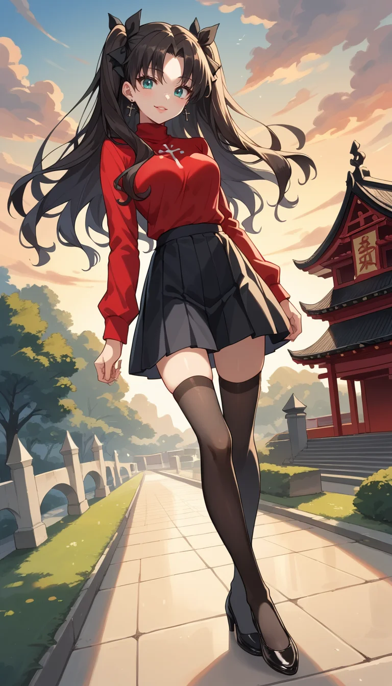 score_9, score_8_up, score_7_up, Anime Style, Full Body Shot, Rin Tohsaka, cute, seductive, innocent, light smile:0.3, plump lips, slender body, aqua eyes, long wavy black hair, twin tails tied with black ribbons, red turtleneck, black skirt, long black stockings under brown leather flats, sunset, buddhist temple background, depth of field, dynamic angle, fashion photography, sharp, hyperdetailed:1.15