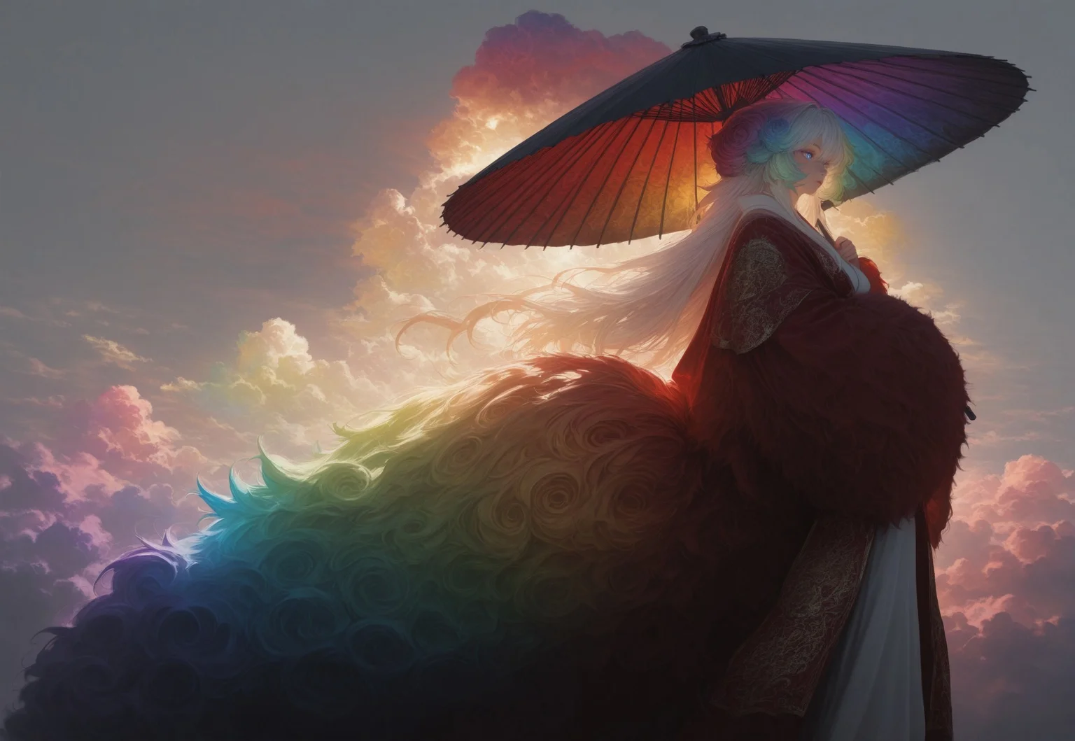masterpiece, best quality, absurdres,hyper realistic,detailed eyes,
1 female solo,((((Cloud hair)))),long hair,blue eyes,kitsune tails,white kimono,red sleeves,golden embroidery,
wide shot,from side,feet out of frame,low angle,
looking to the left,sun umbrella,washi umbrella,multicollored umbrella,red umbrella,black umbrella,
white background, ((((huge fluffy Clouds)))),((((rainbow gradient cloud))))