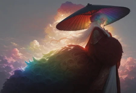 masterpiece, best quality, absurdres,hyper realistic,detailed eyes,
1 female solo,((((Cloud hair)))),long hair,blue eyes,kitsune tails,white kimono,red sleeves,golden embroidery,
wide shot,from side,feet out of frame,low angle,
looking to the left,sun umbrella,washi umbrella,multicollored umbrella,red umbrella,black umbrella,
white background, ((((huge fluffy Clouds)))),((((rainbow gradient cloud))))