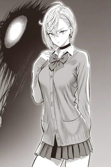 <lora:ayase_momo-koto-Illustrious v01:0.4> ayasemomo, hair between eyes, crossed bangs, earrings, black choker, short hair, white shirt, bowtie, pleated skirt,school uniform, cardigan, long sleeves, monster, 1girl, solo, alone, <lora:yusuke_murata_style_illustriousXL:1>, yusuke_murata_style, masterpiece, highres, monochrome, greyscale