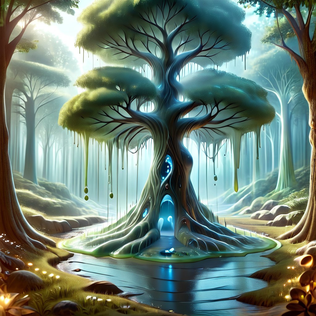 a forest made out of slime, dense-forest, Yggdrasil, a vast tree made out of slime, A large tree made out of slime, brown slime tree, translucent tree, transparent tree, 
everything made of slime, No simple background, ((slime tree)), detailed leaves, detailed bark texture, 
overcast sky, natural light, no bright spots, 
((translucent slime)), ((transparent slime)), (bioluminescent slime), sl1m3, slime, slime-morph, ais-blmn, saturated colors, no creatures, no monsters, no pokemon, scenery only, scenery, ral-lava, watce