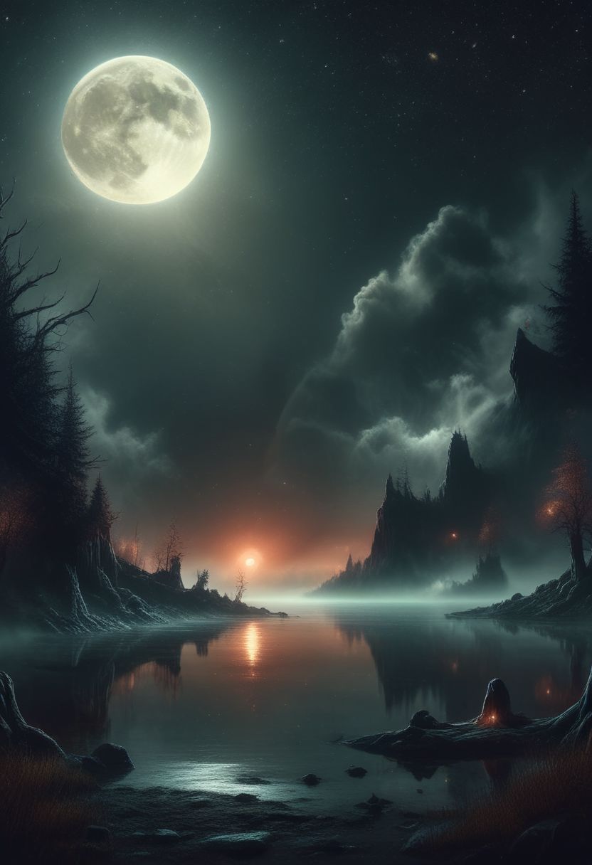 gradient night, dark black moody, (jankyard:1.2), distant small moon, desolate lake, 8k, hdr, high contrast, black and orange