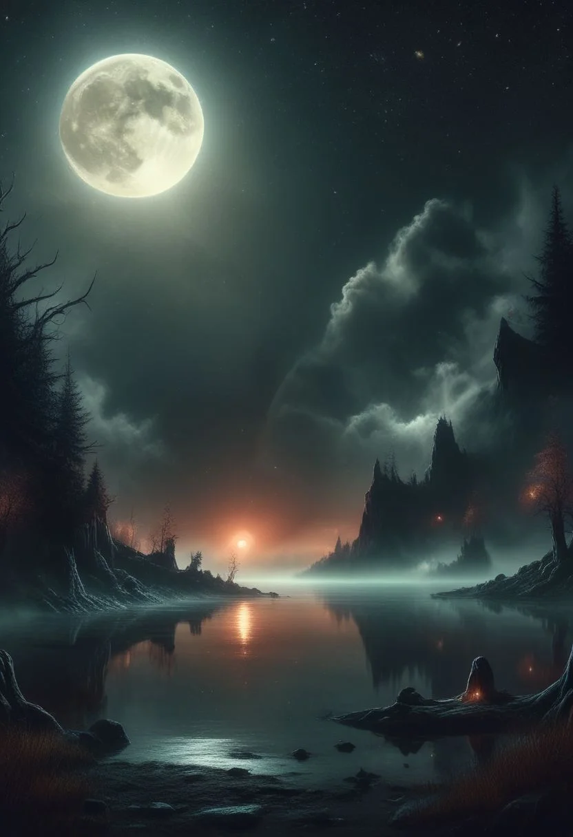 gradient night, dark black moody, (jankyard:1.2), distant small moon, desolate lake, 8k, hdr, high contrast, black and orange