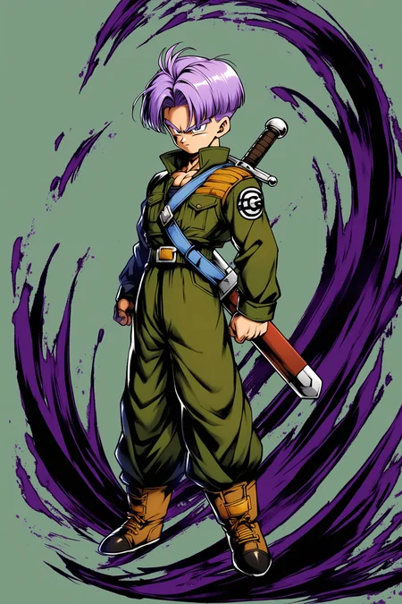 trunks \(dragon ball\),solo,sword,weapon,male focus,1boy,purple hair,pants,boots,jacket,brown footwear,full body,white background,sheath,standing,simple background,long sleeves,<lora:Dragon Ball_XL:0.8>,