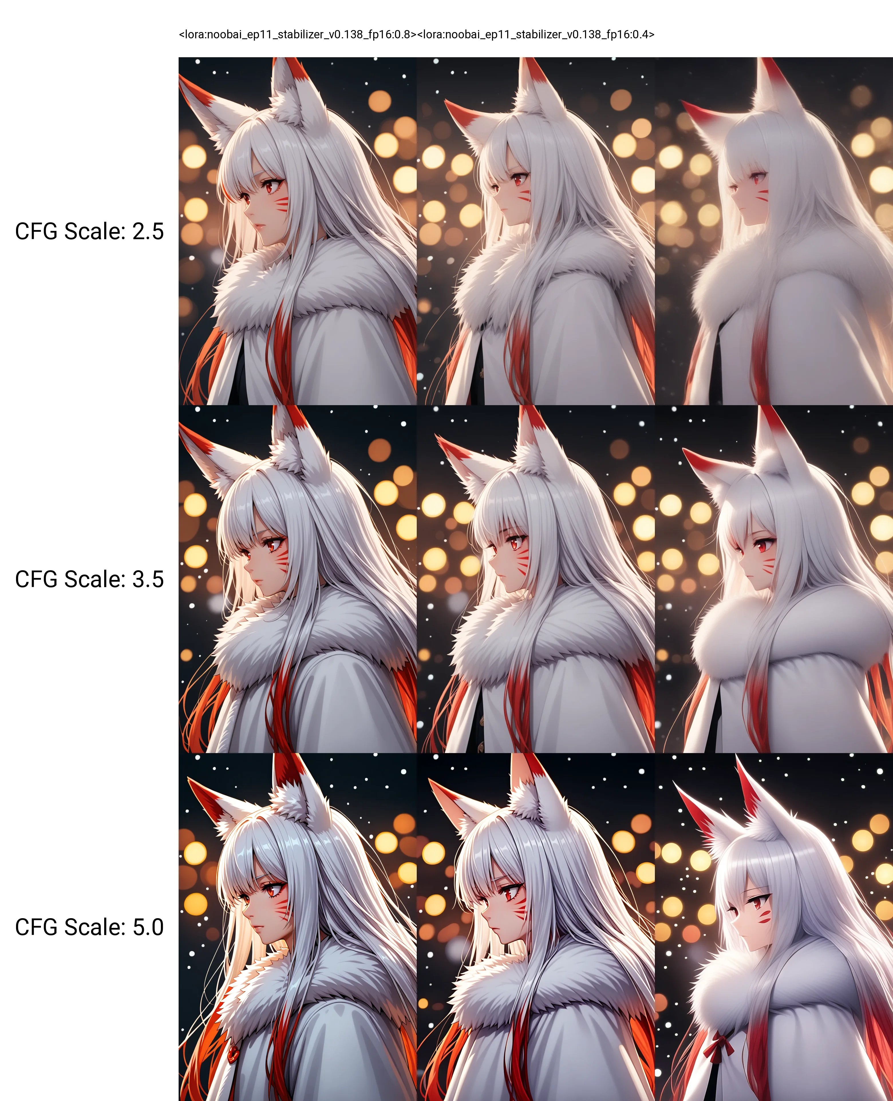 <lora:noobai_ep11_stabilizer_v0.138_fp16:0.8>1girl,fox ears,red eyes,white hair,red hair,long hair,closed mouth,multicolored hair,whisker markings,fur trim,from side,snowing,dark sky,bokeh,masterpiece,best quality,